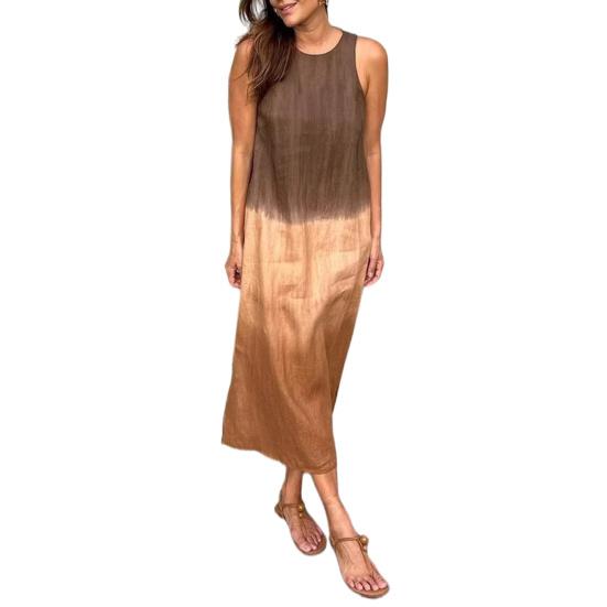 Summer Cotton Linen Dress for Women Casual Sleeveless Tunis Maxi Tank Dress Side Slit Beach Sun Dress