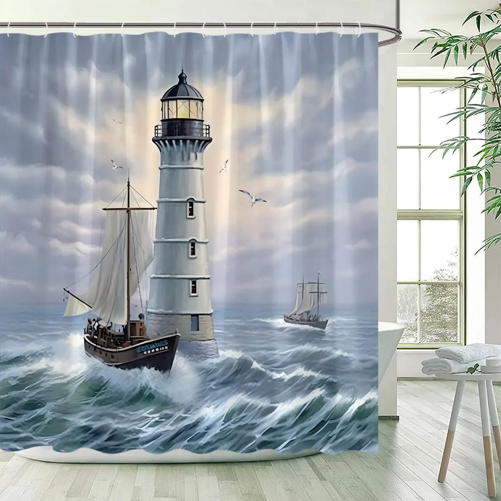 Sea Waves Nautical Shower Curtains Island Lighthouse Sailboat Ocean Landscape Bath Curtain Polyester Bathroom Decor with Hooks