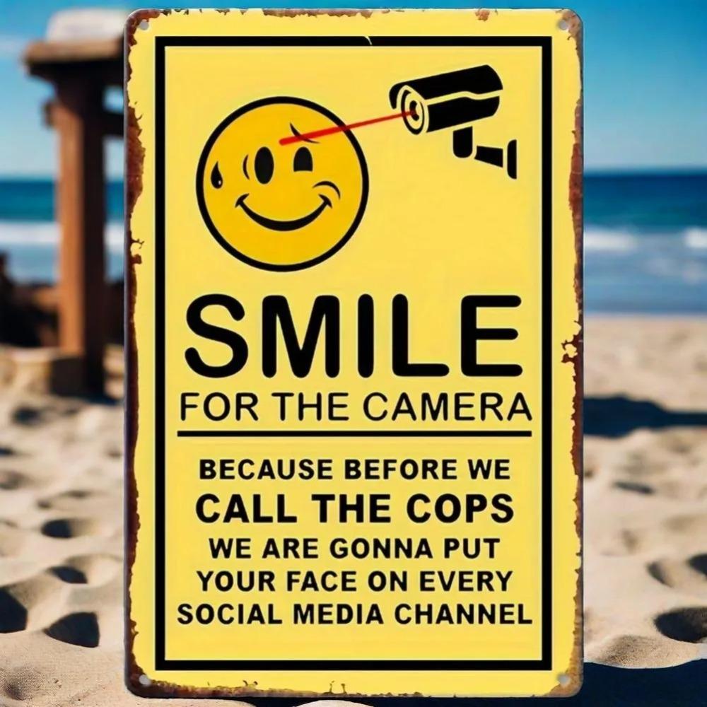 French "Smile, You're On Camera" Metal Security Sign – Wall-Mounted Surveillance Warning Hanging Decor