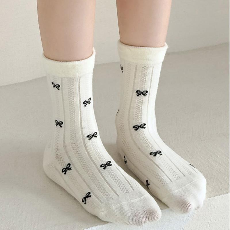 5Pairs/Set Korean Bow Baby Girl Socks Sweet Plaid Dot Print Toddler Princess Socks Summer Thin Breathable Kids Middle Tube Socks