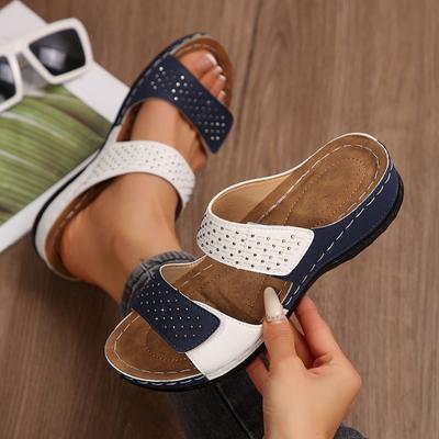 Water Diamond One-strap Shoes Thick Shoes, Slippers Women's Large-sized Wedge Heels Lightweight Beach Flip-flops