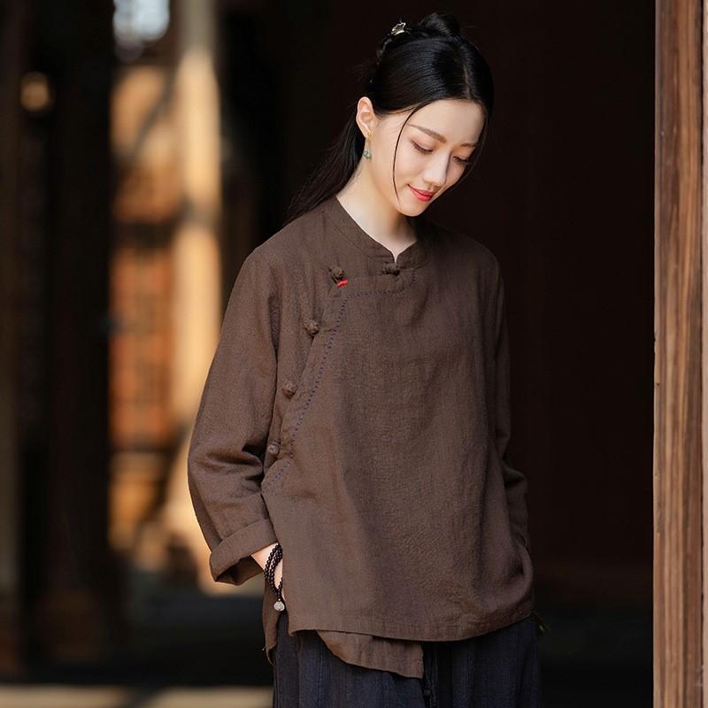 Johnature Women Vintage Shirts Tops Stand Long Sleeve Solid Color Blouses Autumn Button Shirts