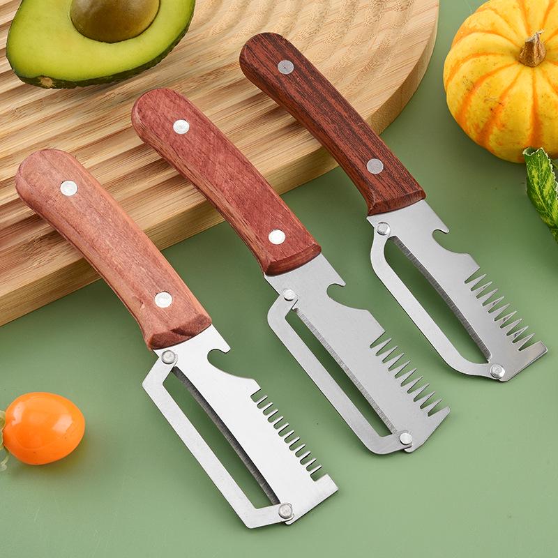 2-in-1 Kitchen Tool: Wooden Handle Scallion Slicer, Shredder, Bottle Opener, Peeler, Fruit & Vegetable Cutter