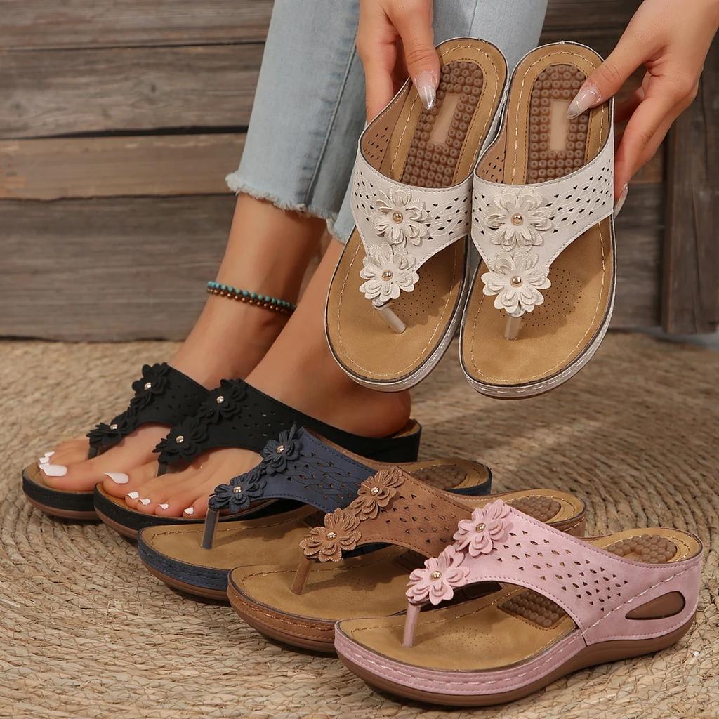 Fashion Women Slippers Outdoor Flip Flops Summer Casual Flower Slippers Non-slip Beach Wedge Sandals Platform Walking Shoes Slides Women