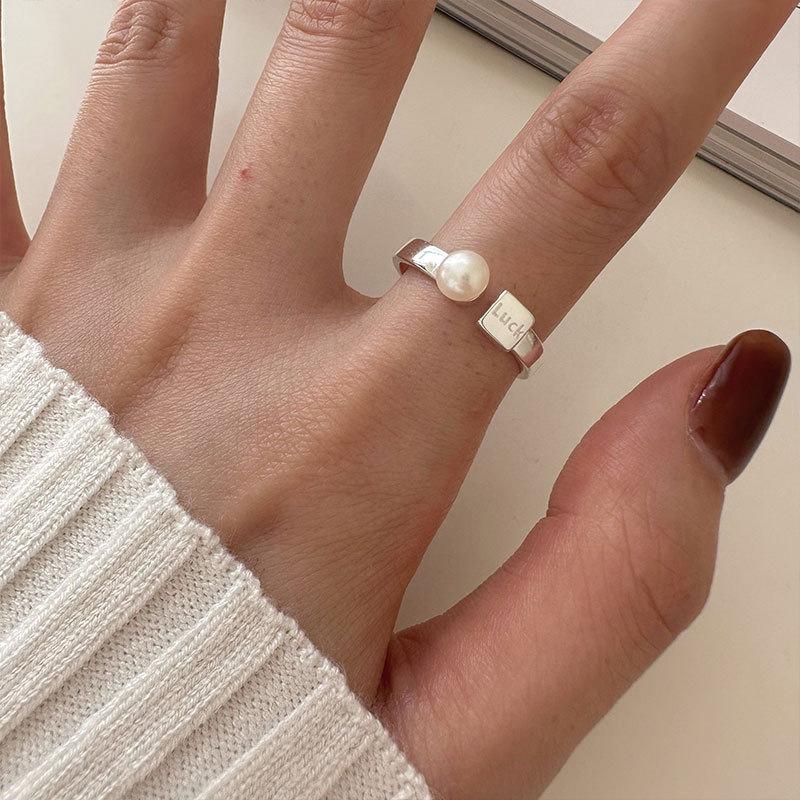 Xiaomi 925 Sterling Silver Geometric Letter Pearl Rings For Women Men Simple Korean Fashion Open Adjustable Handmade Ring Couple Gifts