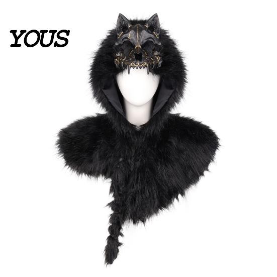 Wikinger Wolf Kapuzen Schal Kopfschal, Kunstpelz Umhang mit Kapuze für Flauschiges Dickes Simuliertes Plüsch Halloween Cosplay Kostüm Party Bühnenaufführung schwarz