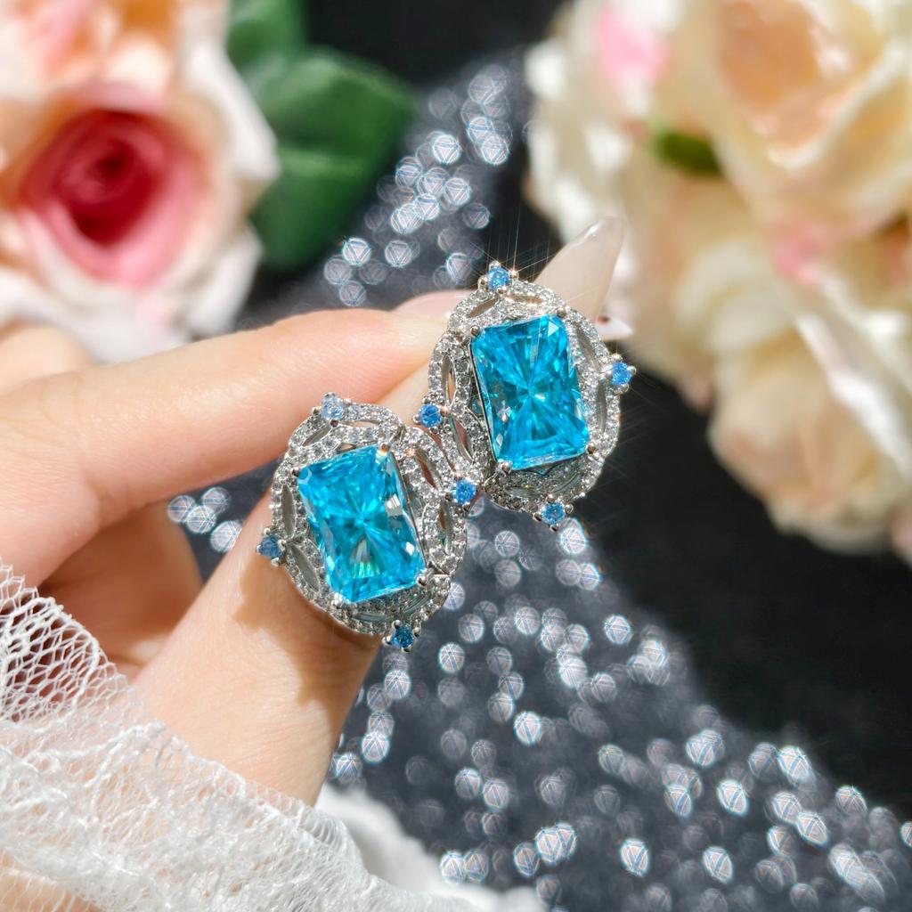 Elegant Luxury  Color Jewelry Sets Dazzling Sea Blue Cubic Zirconia Stone Party Ring Earrings Pendant Necklace For Women