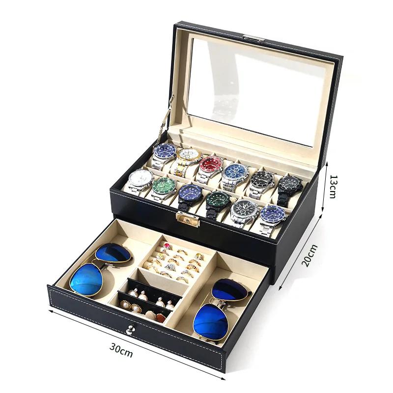 New 12 Slot Leather Lockable Watch Storage Boxes,Men & Women's Jewelry Display Drawer Case, 2-Tier Organizer Watch Showcase