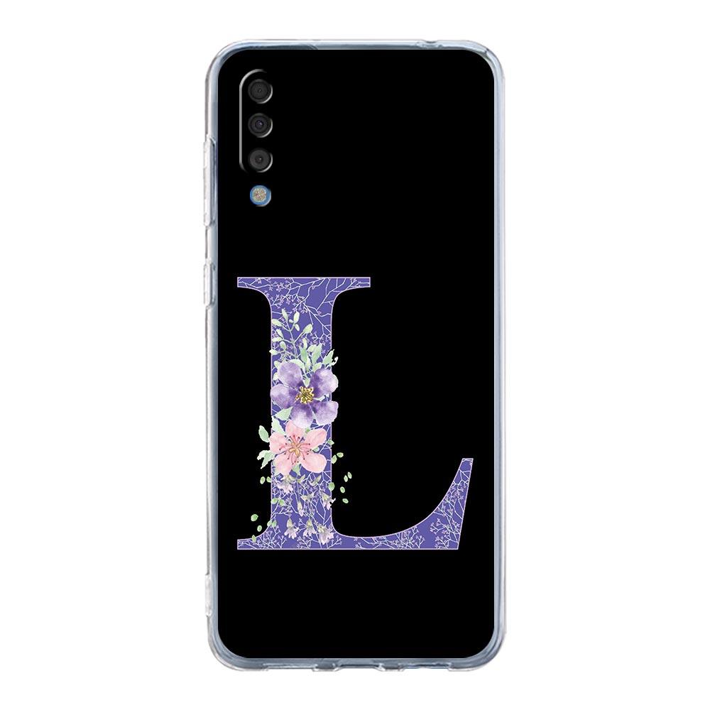 Case For Samsung A56 A36 A26 A16 A14 A12 A22 A32 5G A34 A42 A52 A54 A50 A70 A40 A20E A04S A06 Cover Initial Letter Purple Flower