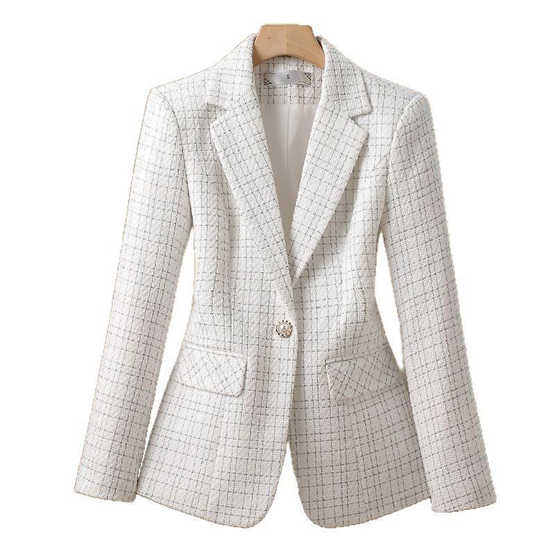 Fashionable White Checkered Suit Jacket for Women Spring Autumn Small Fragrant Elegant Suit Coat Women Blazer