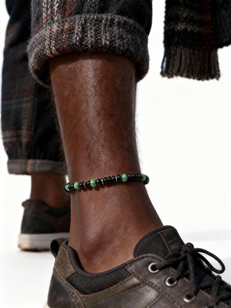 Boho kotníkový náramek s korálky pro muže i ženy, Nerezová ocel stříbrná barva Černý lávový kámen Africké tyrkysové korálky, Letní plážové šperky