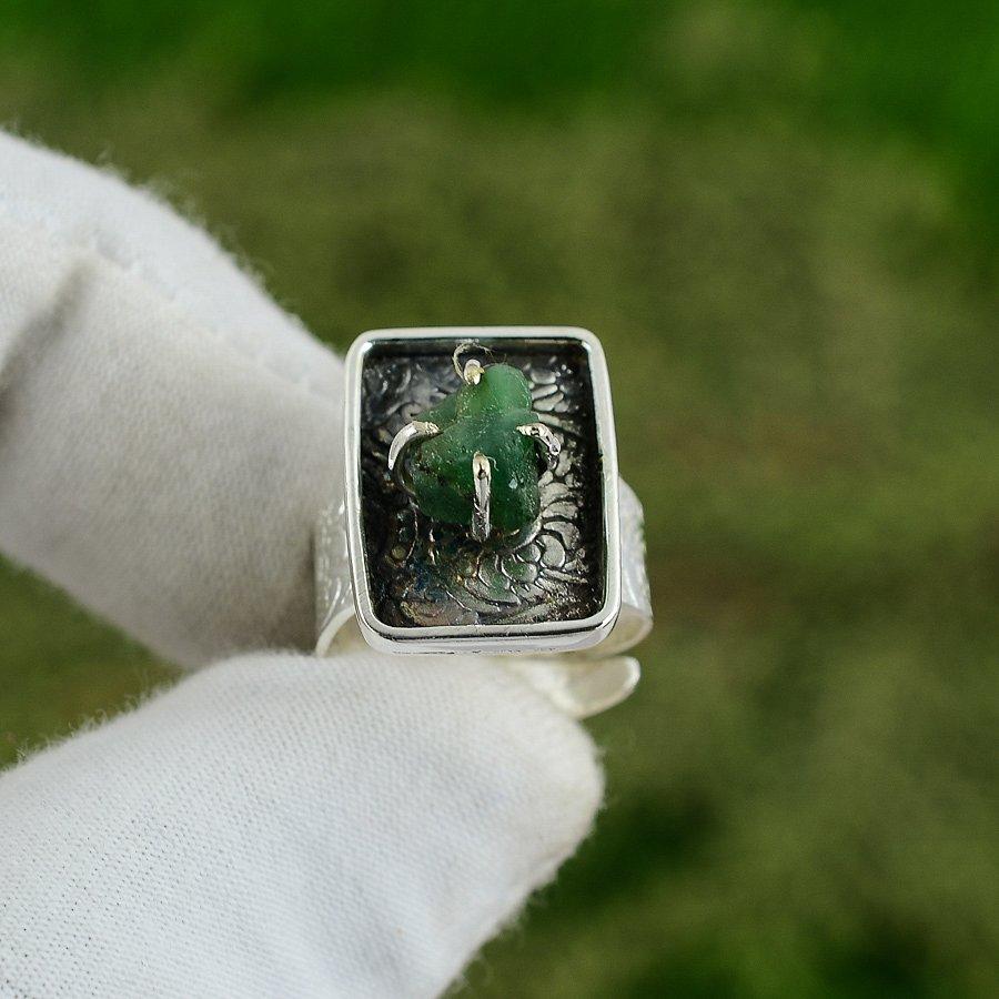 Natural Green Stone Rough Gemstone Multi Stone Adjustable Ring 925 Silver
