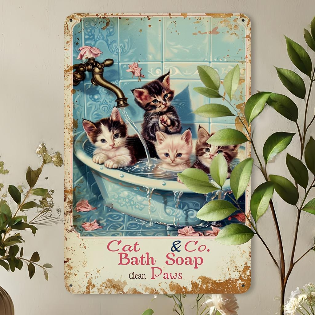 Vintage Cat Bath Soap Metal Tin Sign - Playful Cats In Basin Scratchboard, Iron Wall Art Decor for Home