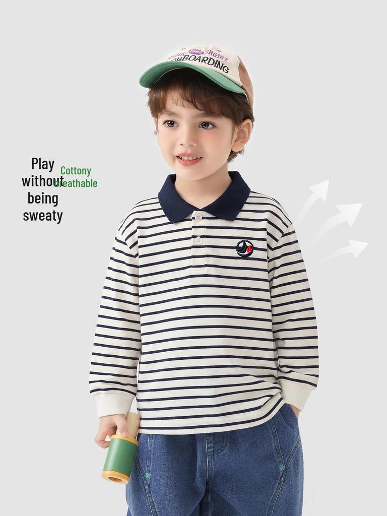 European Boy's Long Sleeve Striped Polo - Spring & Autumn 2026 Trendy Kids Top