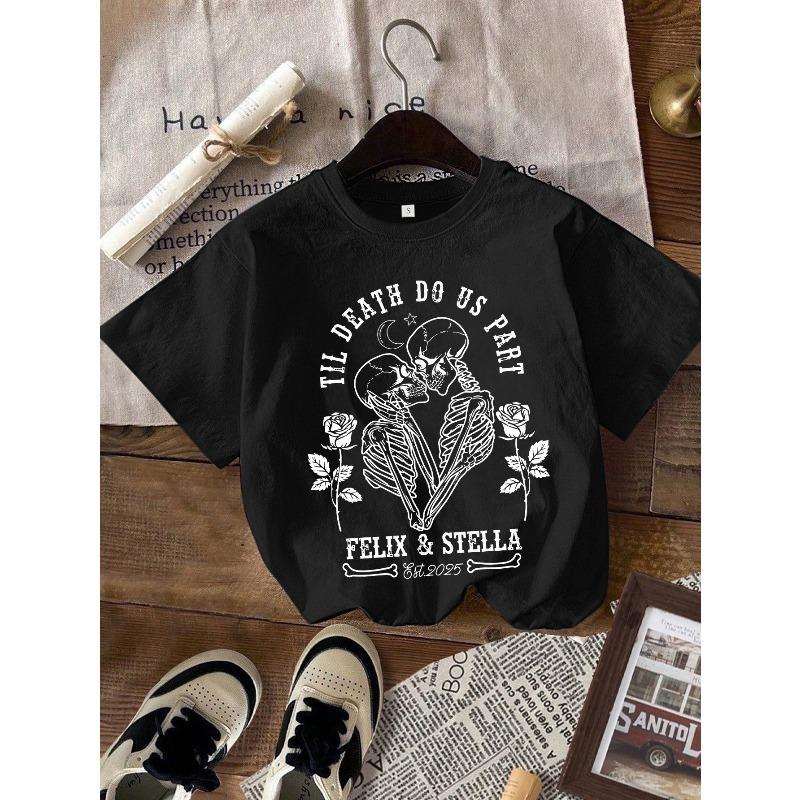 Wedding Season Gothic Custom Couple T-Shirt, Personalized Skeleton Couple T-Shirt, Halloween Engagement Shirt, Gift for Couple, S чёрный