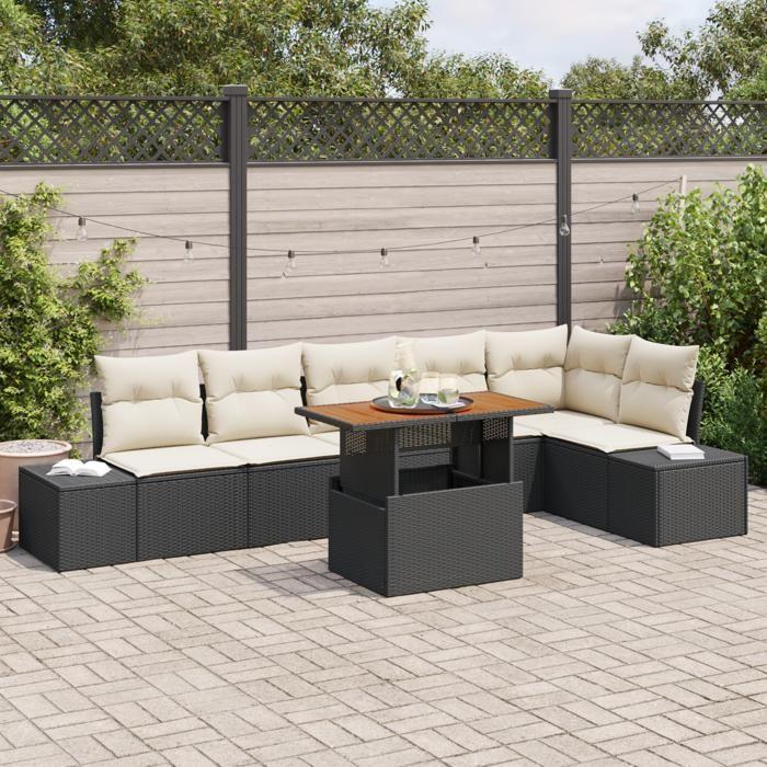 VidaXL Ensemble de canapé de jardin 7 pièces avec coussins Noir Poly Rotin 3358707