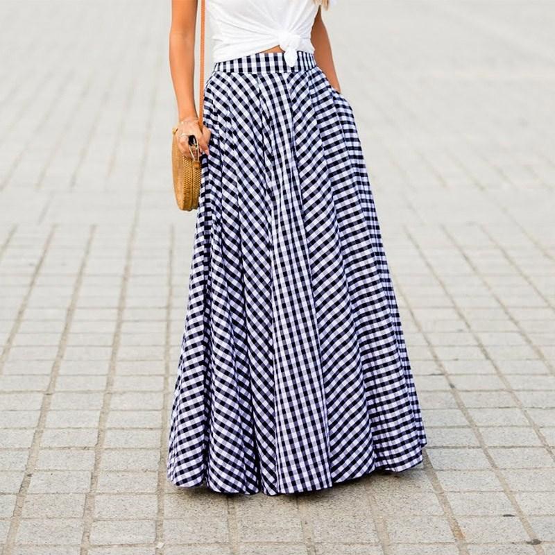 

women s Gingham Plaid High Waist Elastic Waistband Maxi Skirt A Line Big Flared Long Skirt 5XL синій