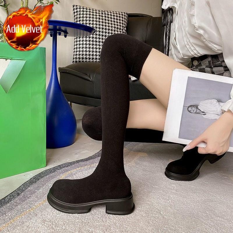 

Модные черные ботфорты женские на мягкой подошве, увеличивающие рост, с круглым носком, готические, по акции, для работы, горячие, в стиле Y2k, женские ботинки выше колена 39