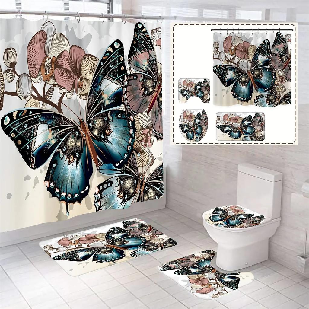 Big Butterfly Beautiful Polyester Shower Curtain Set Bathroom Set Waterproof Curtains Bath Mat Set Toilet Lid Cover 4 Pcs Decor