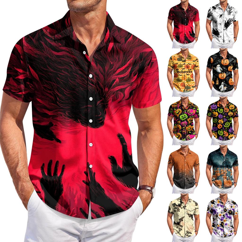 Men's Casual Short Sleeve Shirt Halloween Print Button Down Shirt Lightweight Breathable Fabric Relaxed Fit Shirt for Everyday Wear