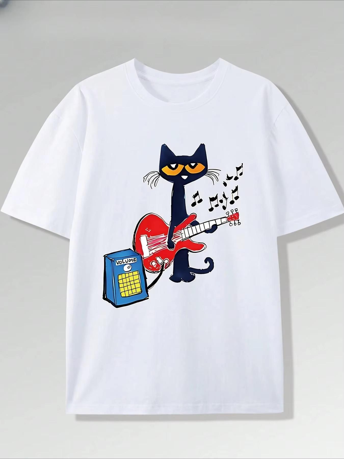 

Summer New Vibrant Music Guitar Kitten Print T-Shirt Pure Cotton Short Sleeved Round Neck Top, Fashionable and Casual Boutiqu... S разноцветный