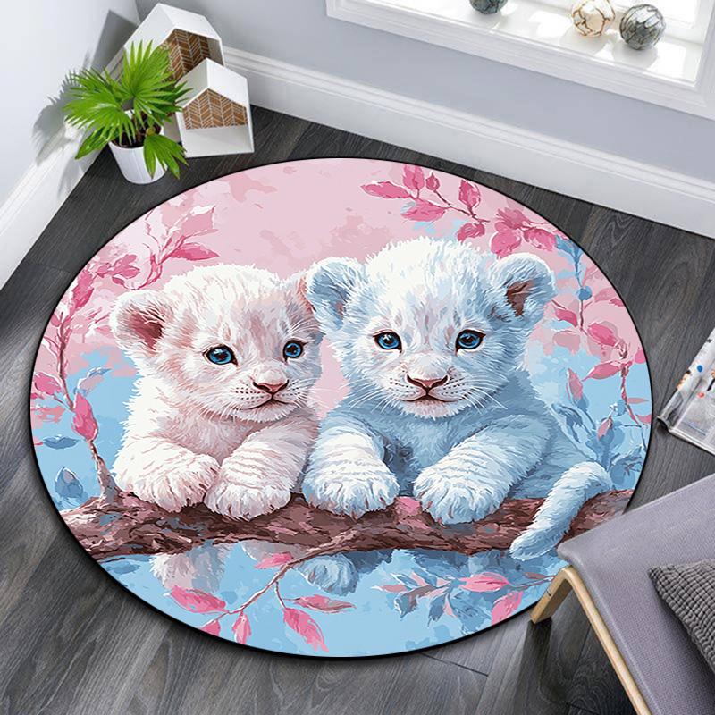 Lion Cubs Round Area Rug,Carpet Rug for Living Room Bedroom Sofa Playroom Decor,Non-slip Floor Mat