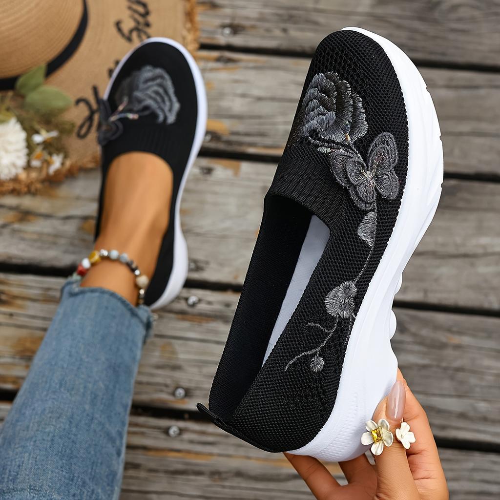 Women's Casual Slip-On Sports Shoes with Embroidered Floral Design