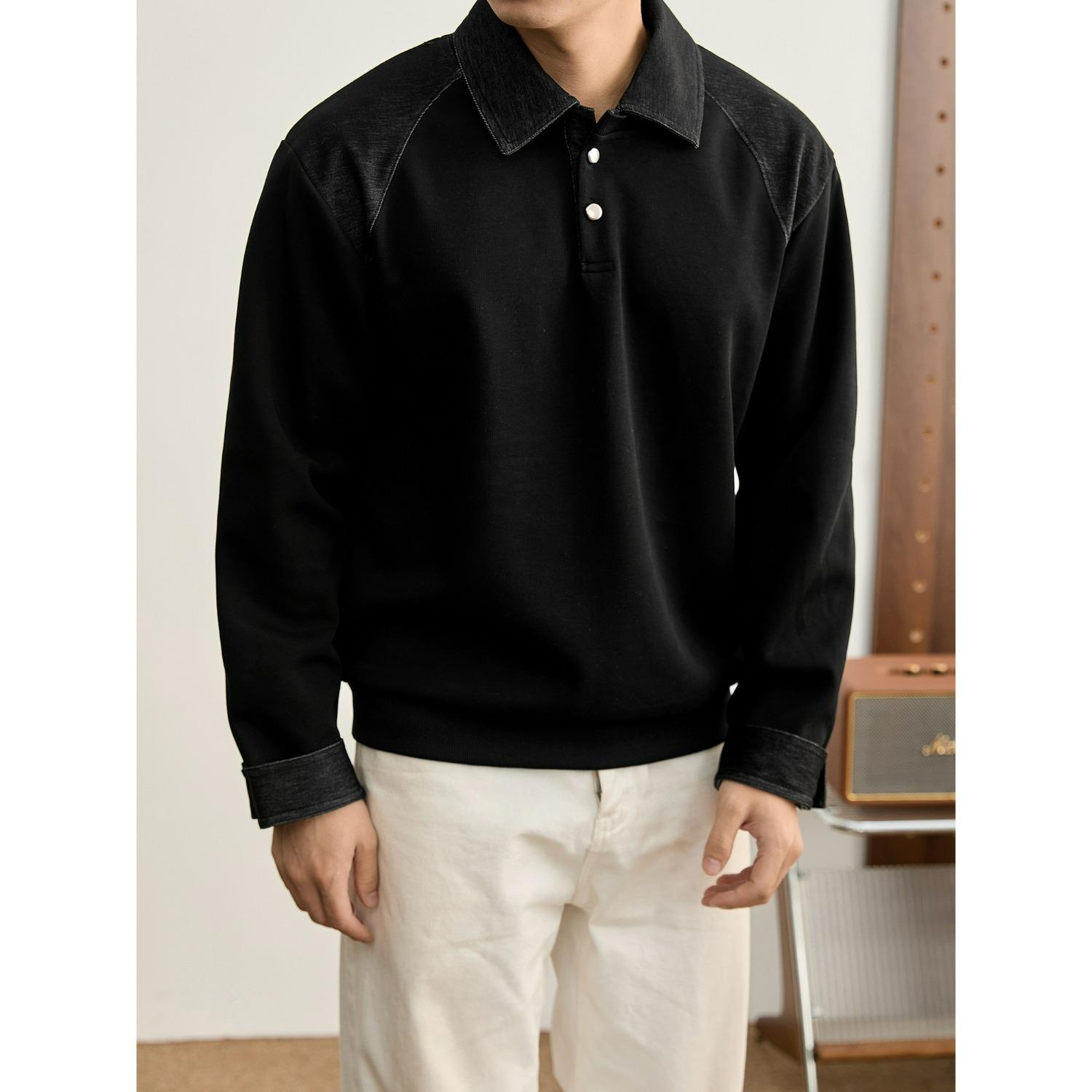 

Men s Loose-Fit Lapel Patchwork Hoodie Polo Shirt - Edgy Autumn Long-Sleeve Top Triple Extra Large чорний