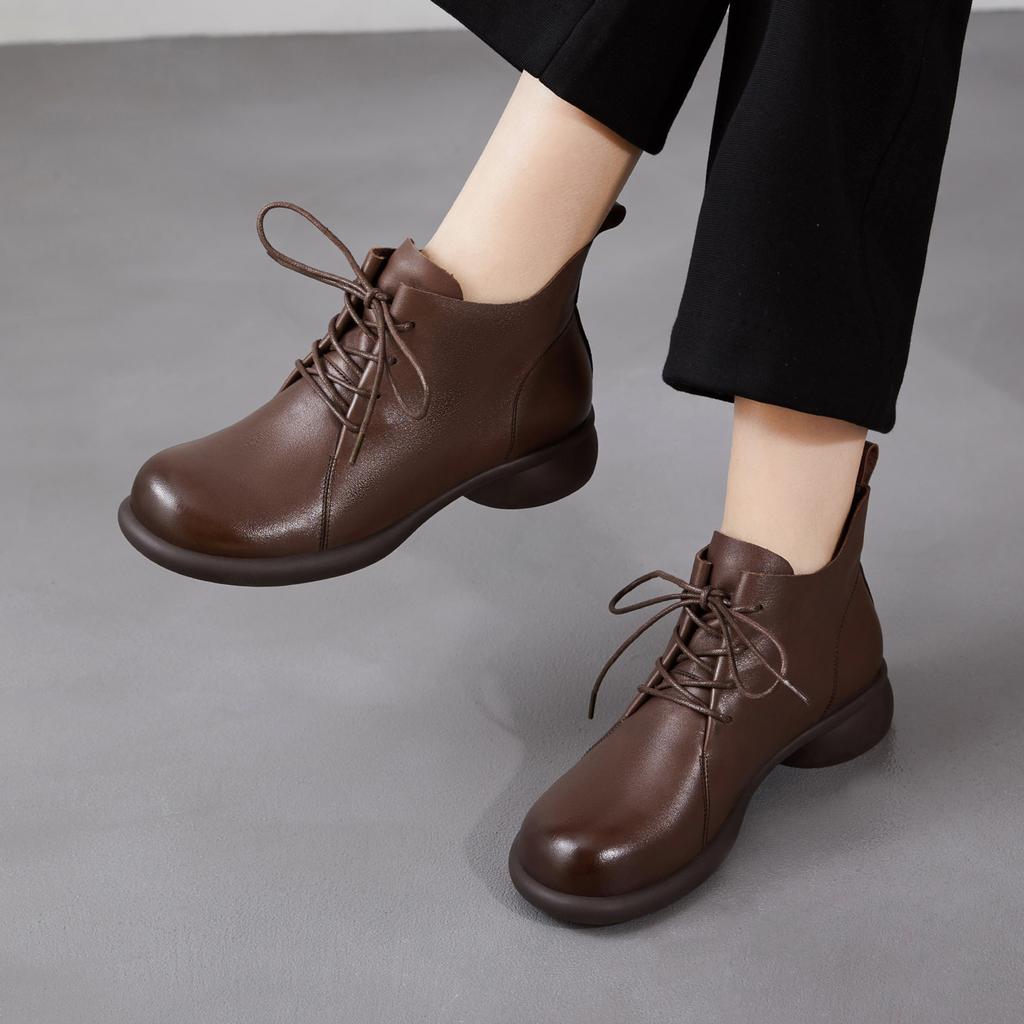 Leather Boots Women's Martin Boots 2026 Spring and Autumn New Thick and Comfortable Bare Boots Short Lace-up Single Boots