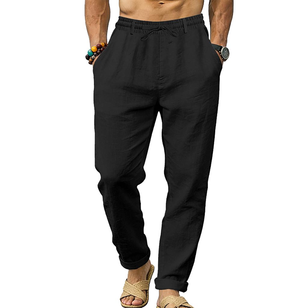 Men's Linen  Loose Fit For Sports  Ideal For Vacation And Commuting  Straight Leg With Drawstring  Long Pants