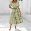 Women's Summer Solid Color Short Sleeve Round Neck Waistband Bohemian Flowy Layered Maxi Dress With Pockets