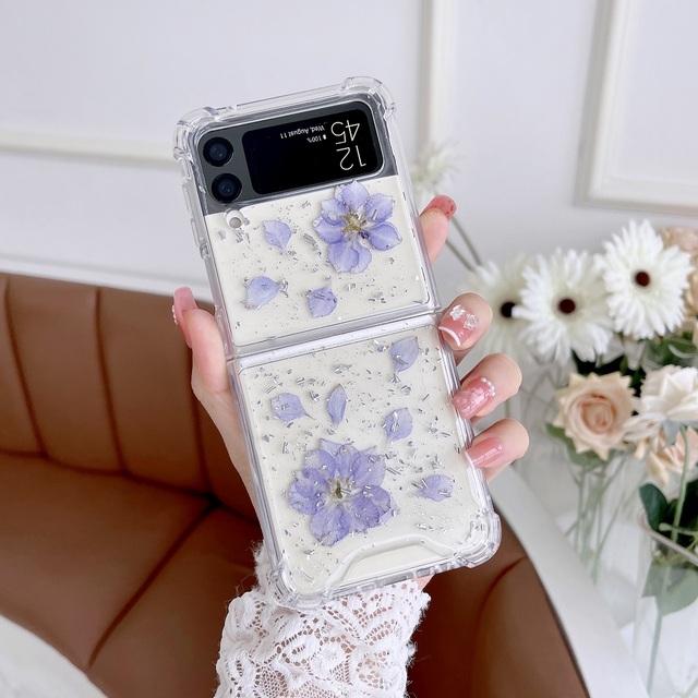 Für Samsung Z Flip 3 Fall Getrocknete Blume Transparent Falten Telefon Fall Für Samsung Galaxy Z Flip 4 Flip4 Stoßfest harte Rückseitige Abdeckung
