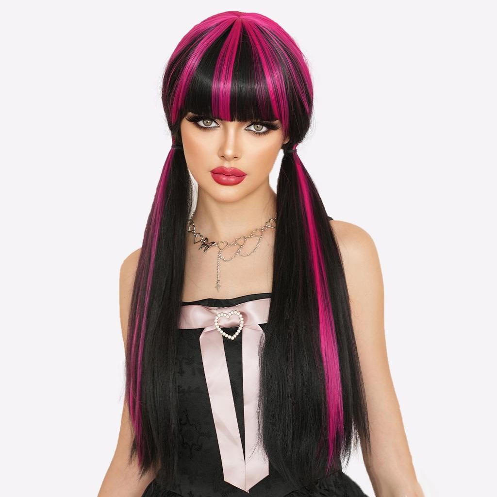 Cruella Devil Halloween Wig - Long Straight Red & Black Streaked Cosplay Wig, High-Density Costume Party Wig for Women