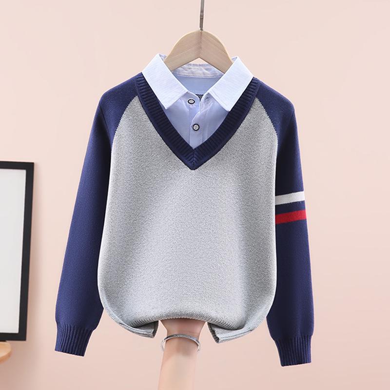 

Вязаный свитер для мальчиков на флисовой подкладке: Плотный, Дизайн «Двойка» для Весны/Осени/Зимы 160cm