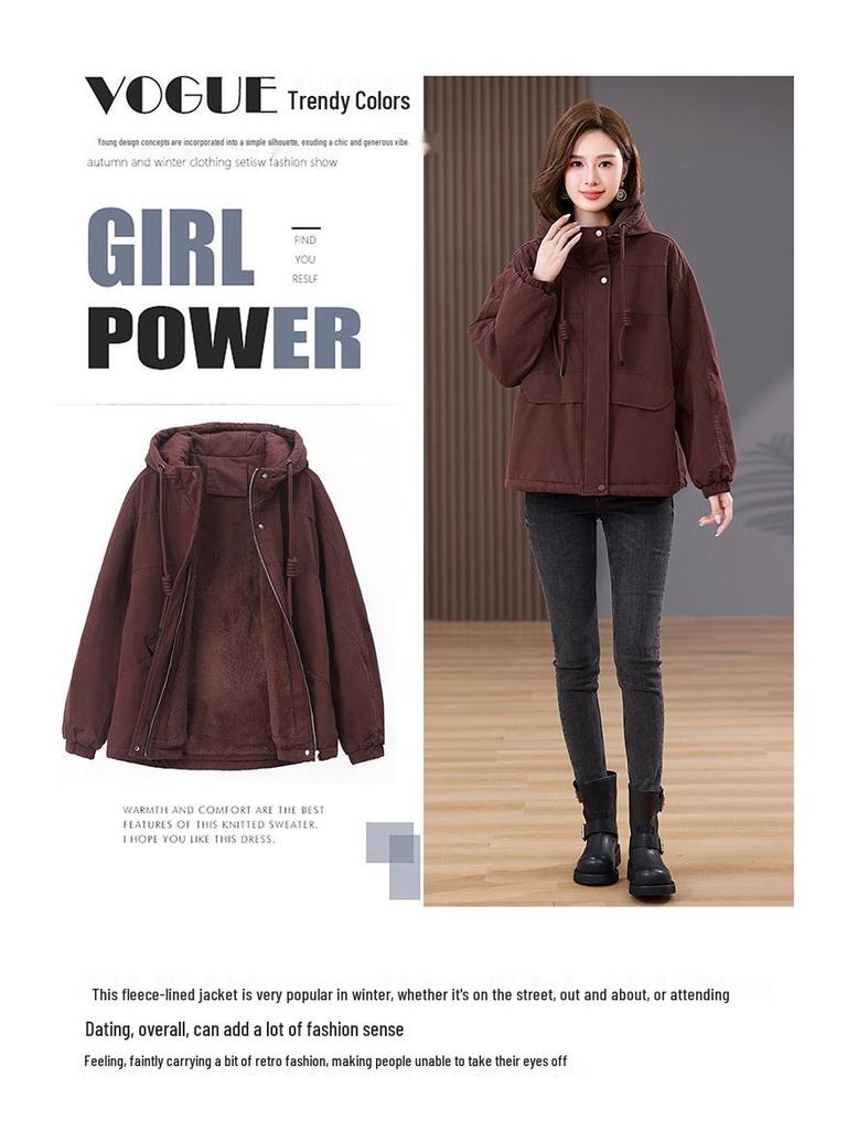 Women's Plus Size Pure Cotton Fleece-Lined Parka Jacket - Short, Thickened, Casual Style for Autumn/Winter 2024