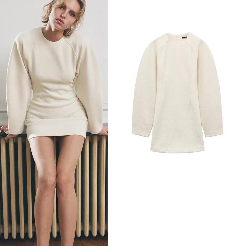 Fall and Winter New Women's Clothing European and American Leisure Puff Sleeves Loose Long Sleeves Round Neck Short Dress 1067461