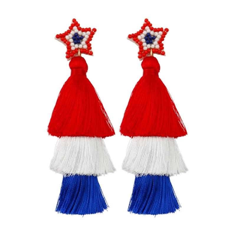 

Retro National Style American Independence Day Earrings Hand-Woven Red Blue and White Five-Pointed Star Tassel Earrings
