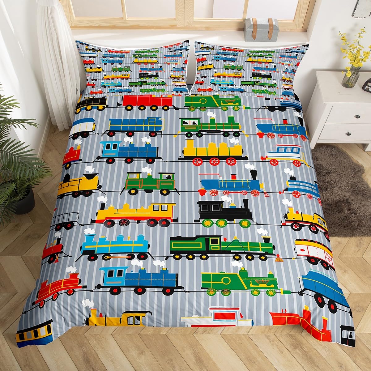 

Cartoon Train Bedding Set Full Queen King Vintage Steam Engine Comforter Cover, Travel Railway Track Transportation Duvet Cover 140x200cm 3pcs