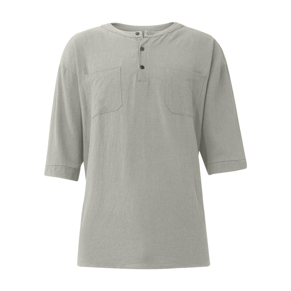 Men's Summer Loose Casual Cotton Linen Short Sleeve Top Color Short Sleeve T-Shirt