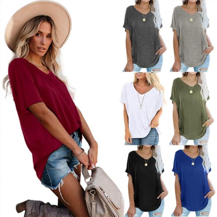 Women Summer T Shirts Casual Loose Fit V Neck Short Sleeve Basic Tee Top