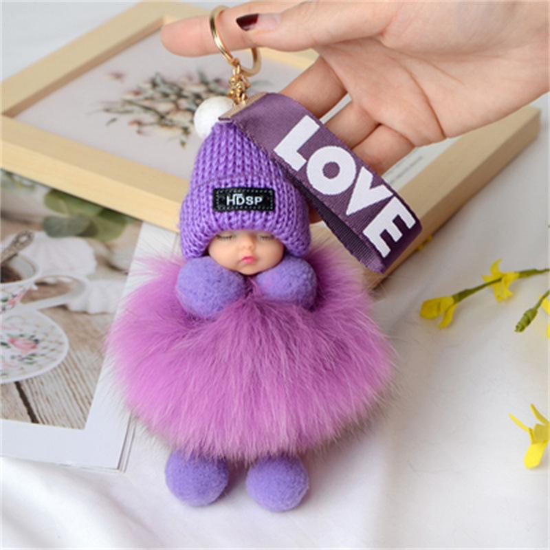 Pompom Sleeping Doll Keychain Cute Fluffy Plush Doll Keychains Women Girl Bags Keyrings Cars Key Ring Gift Charming Decoration