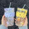 Kawaii Wasserflasche für Kaffee Saft Tee Niedlicher Becher Glasbecher mit Strohdeckel Tragbar Wiederverwendbar Trinkflasche Stroh Wasserbecher
