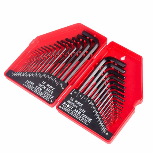 

30-piece red hex wrench set, including L-shaped and hex key wrenches (0.028-3/8 in, 0.7-10 mm).