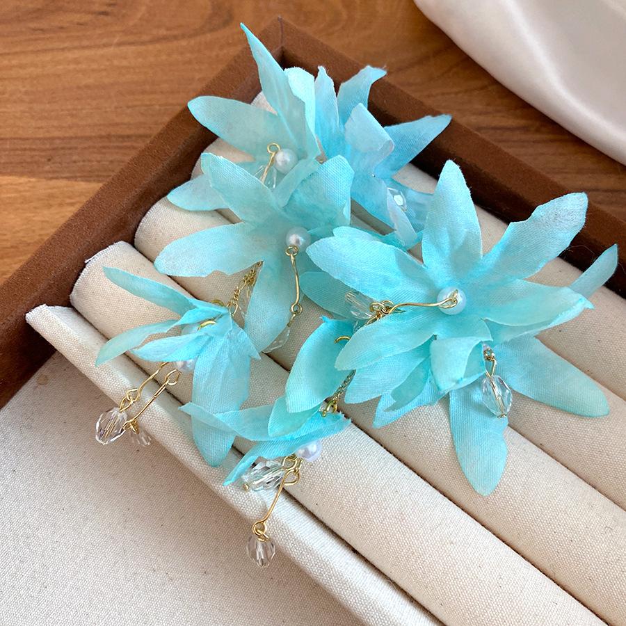 

Silver needle zircon fabric flower pearl fringed earrings holiday style fresh and sweet stud earrings niche high-end earrings