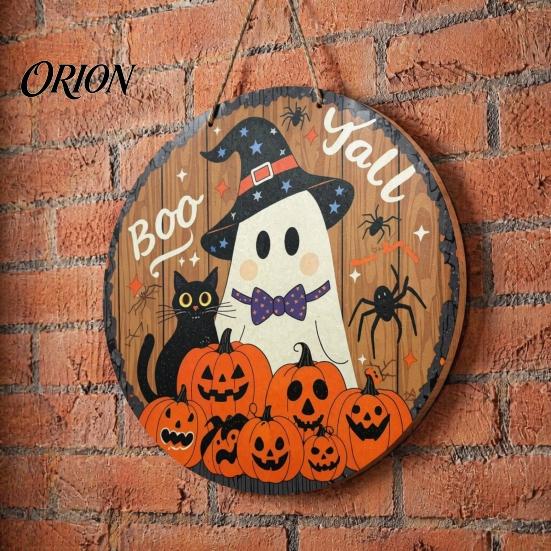 Halloween Wooden Hanging Sign Boo Wood Door Hanger with Cute Ghost Black Hat Pumpkin Print, Front Cat Wall Decor Porch Decor, Round Plaque for Indoor