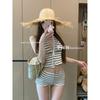 Premium Korean Striped Neck Split Flat Angle Swimsuit Women's Hot Spring Resort Bikini Conservative INS Pure Desire