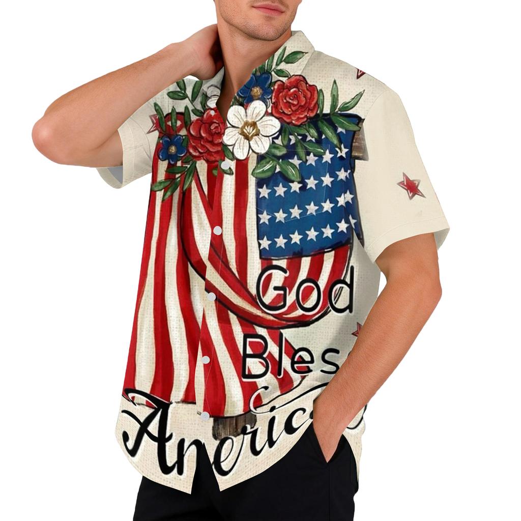 Men's Casual Printed Short Sleeve Open Front Cardigan, Independence Day Festival Tops