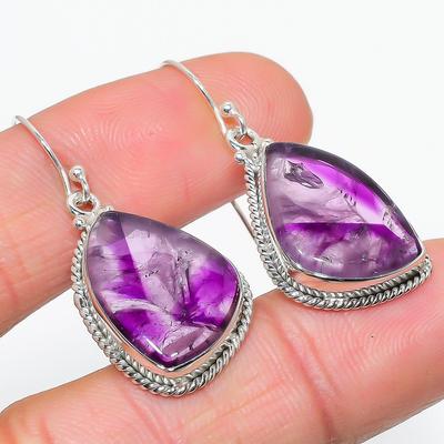 Natural Brazilian Amethyst Gemstone 925 Solid Sterling Silver Earring 1.75" S3k74