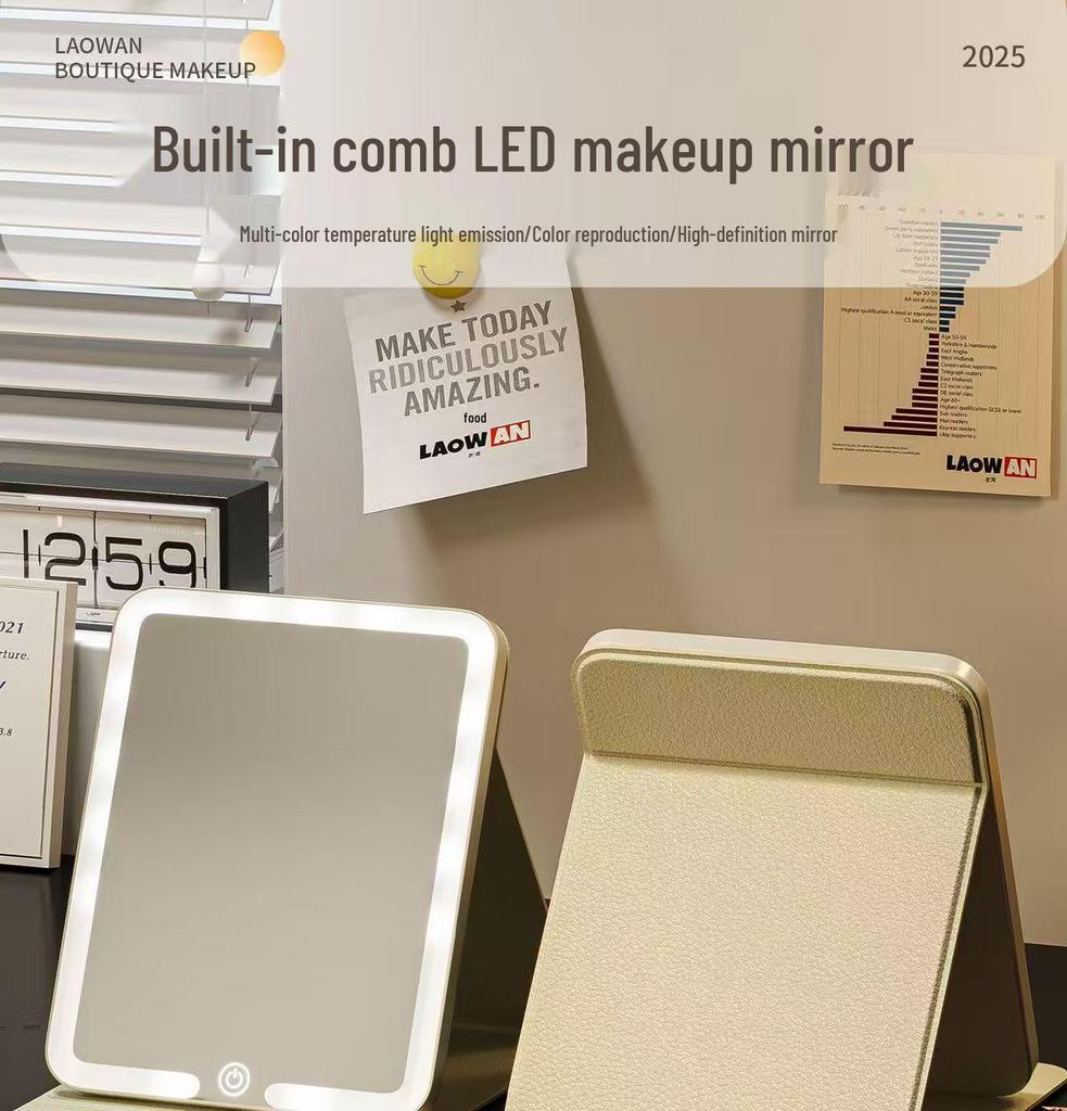 LED Folding Makeup Mirror with Comb – Compact, Lighted, and Convenient for Desktop Use