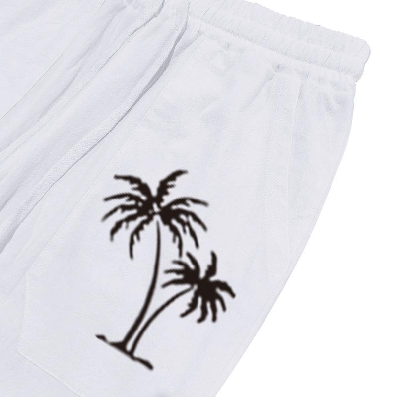 New fashion casual beach trousers men's coconut tree print cotton and linen loose trousers